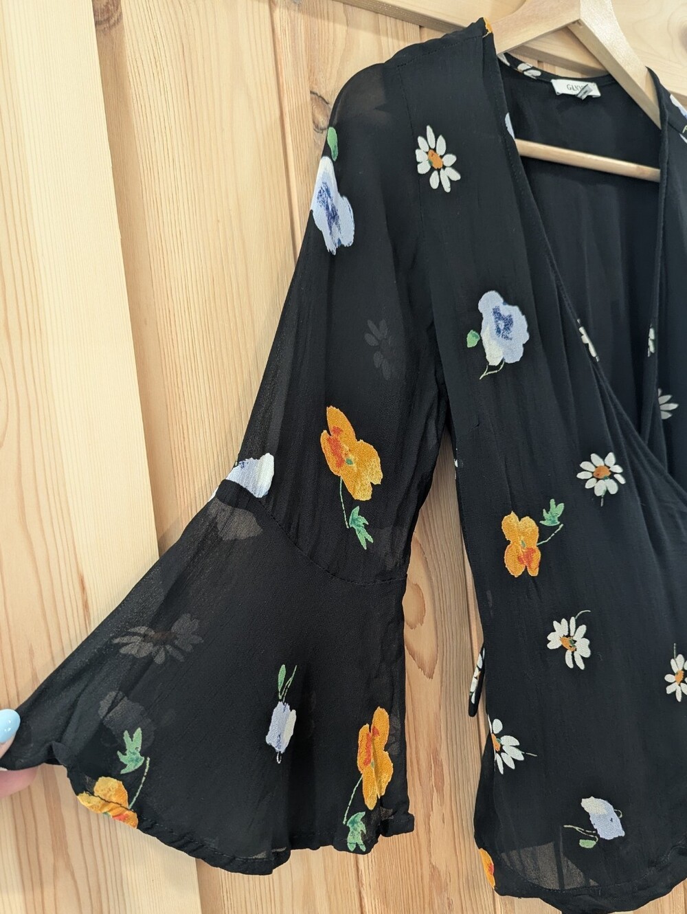 Ganni Black Floral Wrap Blouse with Bell Sleeves - Picture 3 of 7